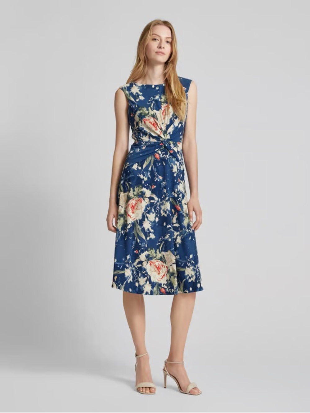Ralph Lauren Navy Floral Knot-Front Midi Dress
